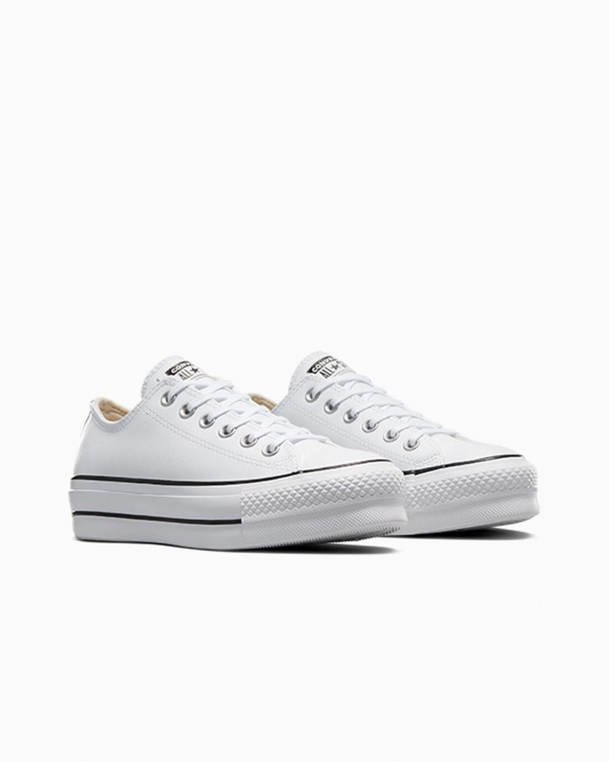 Pantofi Platforma Dama Converse Chuck Taylor All Star Lift Piele Low Top Albi Negrii Albi | RO P0JSH163